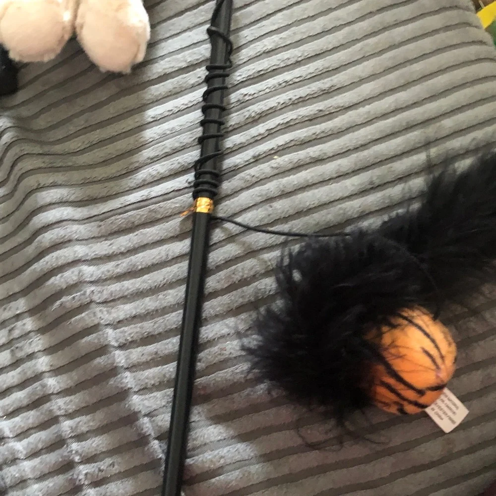 Black Feather Cat Teaser Wand with Orange Plush Ball